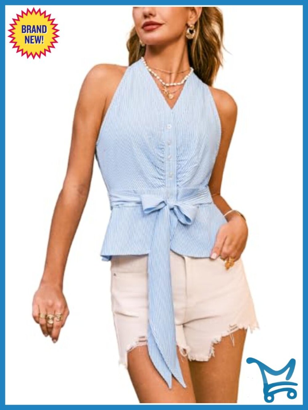CUPSHE Womens Halter Neck Striped Button Front V Neck Self Tie Waist Sleeveless